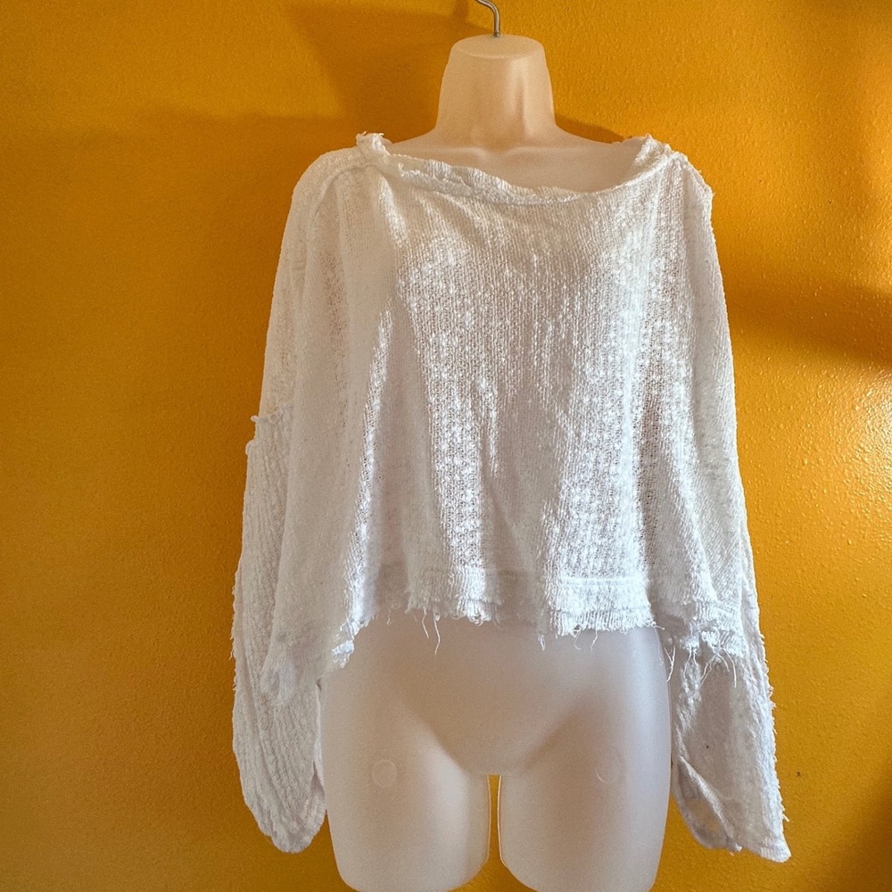 We The Free Free People White Cotton Textured Knit Oversized Raw Hem Top XS